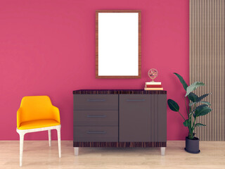 Interior of modern living room with pink walls, wooden floor, yellow chair and empty poster frame