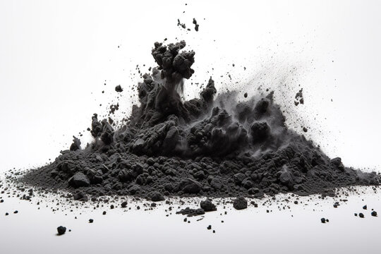 View of isolated coal dust fragments on white background. Closeup of black dust particles explode isolated on white background. Realistic 3D illustration. Generative AI