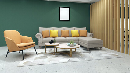 Modern living room interior design. 3D rendering illustration mock up