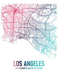 Los Angeles Vector Map, Art print. Gradient Water and Roads.