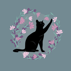 Dekoracyjna grafika z bawiącym się uroczym kotem. Kwiatowa ramka i czarny kot. Ilustracja wektorowa.