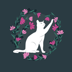 Dekoracyjna grafika z bawiącym się uroczym kotem. Kwiatowa ramka i biały kot. Ilustracja wektorowa.