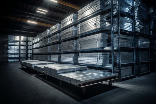 Metal sheets stored in aluminum industry warehouse. Generative AI