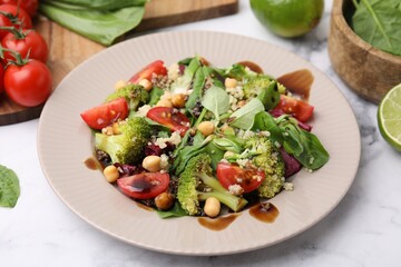 Tasty salad with balsamic vinegar on white marble table, closeup