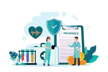 Health care and life insurance concept. Doctor and nurse with big clipboard document, check mark shield. Vector illustration