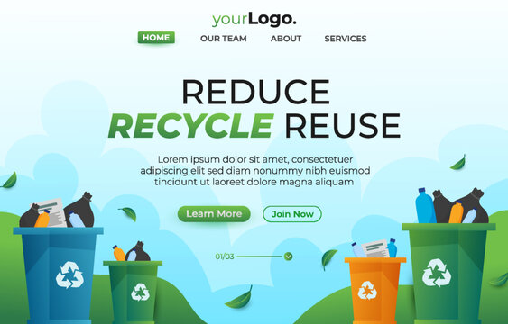 Reducing food waste, recycling plastic bottles. Reduce, reuse, recycle and zero waste concept. Web banner, landing page. Vector illustration