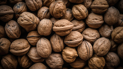 Close up walnuts full frame fresh fruit background. Organic walnuts. Walnuts top down view seamless background. Healthy ripe nuts. Realistic 3D illustration. Generative AI