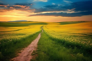 Fototapeta na wymiar Serene Pathway through Vibrant Fields at Sunset, Photorealistic Landscape