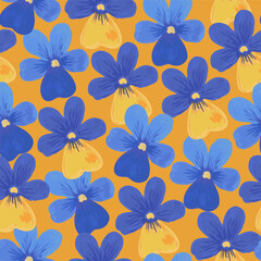 Colorful seamless pattern with cute hand-drawn floral elements of pansy in retro style. Festive trendy print for textile and design.