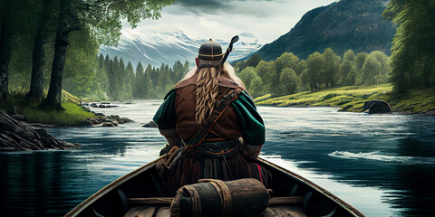 An ancient viking warrior floats down the river in a wooden boat, view from the back. Generative AI