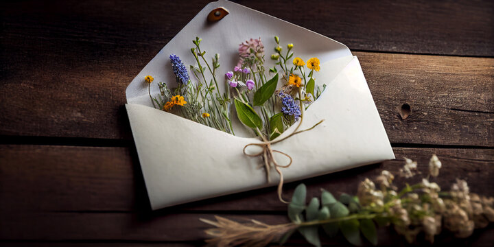 a composition of wild flowers lying inside a large white postal envelope. Generative AI