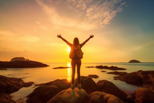 Strong confidence woman with a backpack with arms up relaxing on sunset at the seaside - Happy traveler enjoying freedom in serene nature