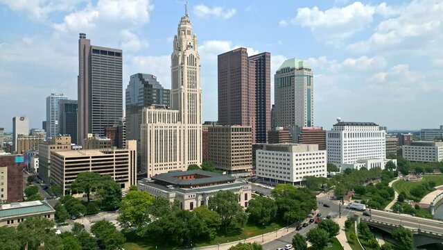 Flight along Downtown Columbus Ohio aerial view - aerial photography by drone