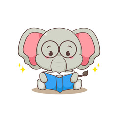 Cute elephant cartoon character reading a book. Adorable animal concept flat design. Isolated white background. Vector art illustration.
