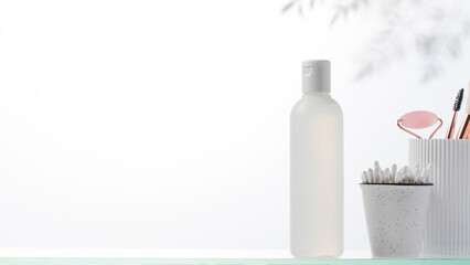 A bottle with a natural cosmetic product on a glass shelf and a shadow on the plants. Copy space
