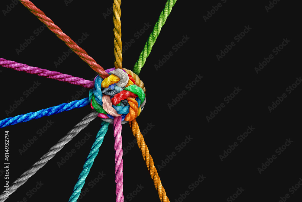 Poster Integrated Collaboration or Collective Effort Integration and Unity with teamwork concept as a business metaphor for joining a partnership synergy and cohesion as diverse ropes connected together.