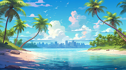 Plakat Sandy tropical beach with palm trees. Generative AI