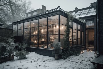 A winter garden extension with three-sided glass walls and a retractable awning attached to a house. Generative AI
