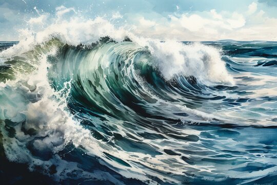 Watercolor painting of ocean waves. Generative AI