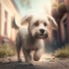Dog maltese in walking activity. Cute dog maltese breed walking outdoor activity in street background. Generative AI.