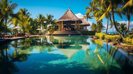 tropical resort pool, beautiful swimming pool in tropical resort. Generative AI