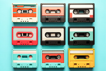 Fototapeta premium Old vintage cassette tapes lined up in row on a blue background, copy space. Grunge, nostalgia music culture 70-80s