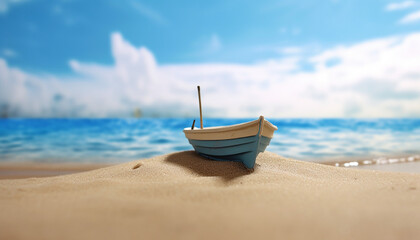 Blue boat on the beach with sky and clouds, , travel and vacation, close up, generative AI