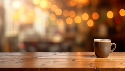 Wooden table in front of lights in a coffe store, background, Generative AI