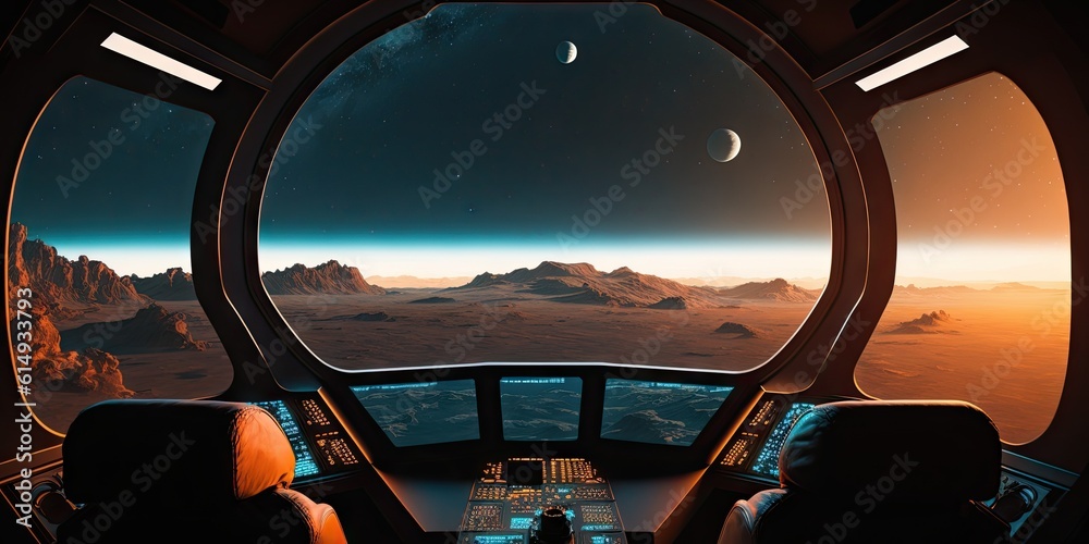 Poster spaceship dark interior with view on distant planets solar system. generative ai aig15.