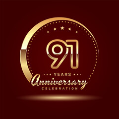 Fototapeta na wymiar 91 year anniversary celebration logo design with a number and golden ring concept, logo vector template