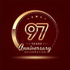 Fototapeta na wymiar 97 year anniversary celebration logo design with a number and golden ring concept, logo vector template