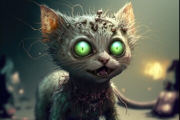Crazy zombie kitten with wide glowing eyes