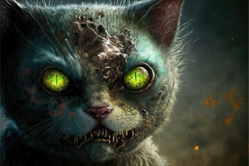 Undead demon cat portrait. Front view. Head shot.