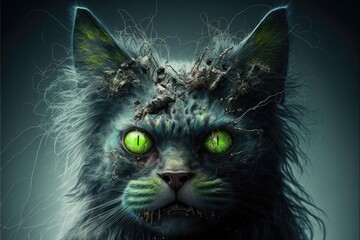 Cat monster head portrait on isolated background. Front view.