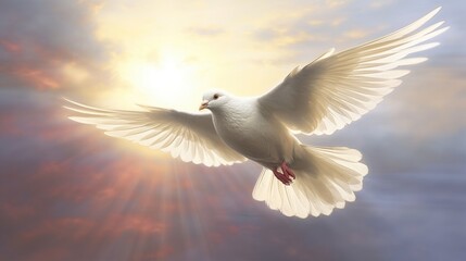a dove flying towards a beam of celestial light generative ai - obrazy, fototapety, plakaty
