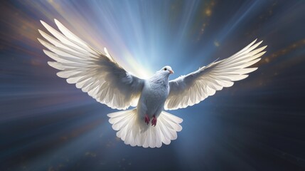Obraz premium a dove flying towards a beam of celestial light generative ai