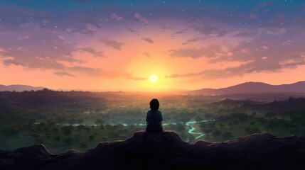 person sitting on a hilltop, looking out at a peaceful valley generative ai