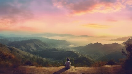 Obraz premium person sitting on a hilltop, looking out at a peaceful valley generative ai