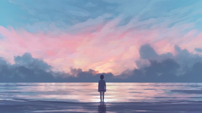 person standing on a beach, looking out at a calm sea under a pastel sky generative ai