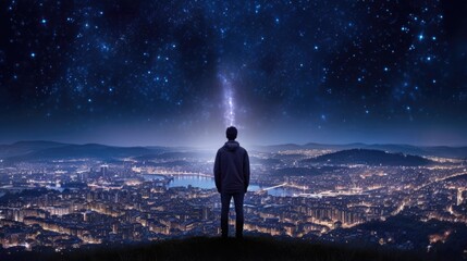 person standing on a hilltop, looking out at a cityscape under a starry sky generative ai