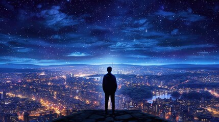 person standing on a hilltop, looking out at a cityscape under a starry sky generative ai