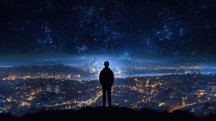 Fototapeta premium person standing on a hilltop, looking out at a cityscape under a starry sky generative ai