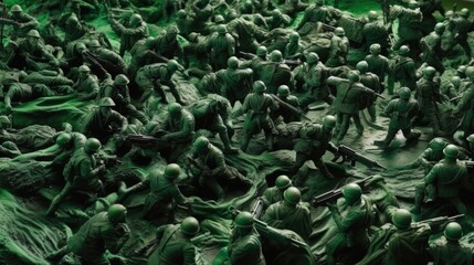Fototapeta na wymiar green plastic toy soldiers engaged in a fierce battle. generative ai