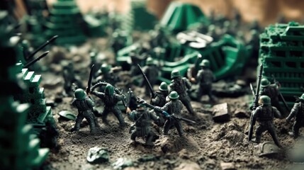 green plastic toy soldiers defending a makeshift fort generative ai