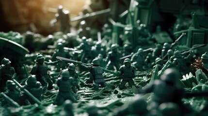 green plastic toy soldiers defending a makeshift fort generative ai