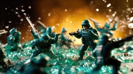 Obraz na płótnie Canvas green plastic toy soldiers launching an assault generative ai
