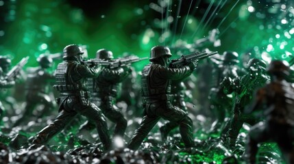 Obraz na płótnie Canvas green plastic toy soldiers launching an assault generative ai