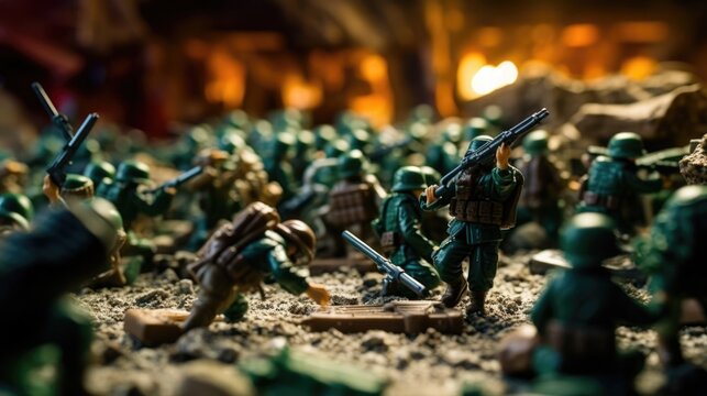 green plastic toy soldiers defending a makeshift fort generative ai