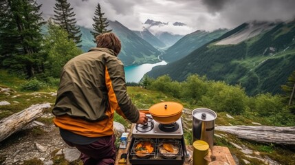 camper cooking a meal on a portable stove in the Swiss Alps generative ai
