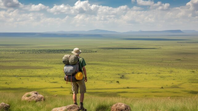 hiker overlooking the vast plains of the Serengeti generative ai © ThisDesign